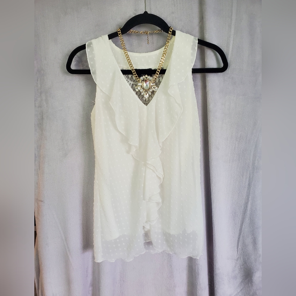 White Cascading Front Ruffled Sleeveless Blouse